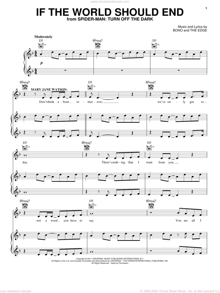 If The World Should End sheet music for voice, piano or guitar by Bono & The Edge and Spider Man: Turn Off The Dark (Musical), intermediate skill level