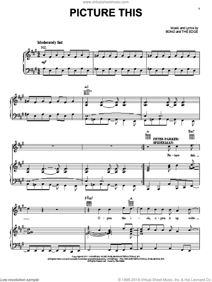 Picture This sheet music for voice, piano or guitar by Bono & The Edge and Spider Man: Turn Off The Dark (Musical), intermediate skill level