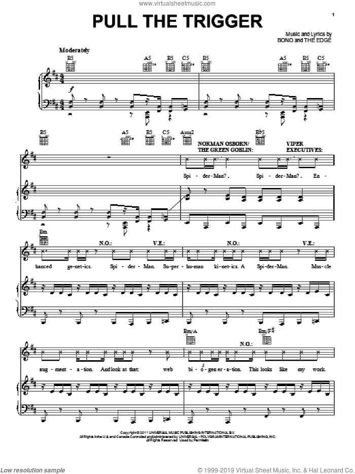 Pull The Trigger sheet music for voice, piano or guitar by Bono & The Edge and Spider Man: Turn Off The Dark (Musical), intermediate skill level