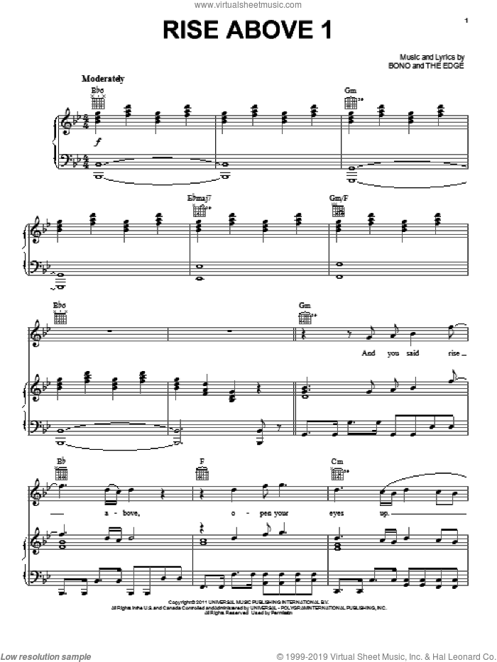 Rise Above 1 sheet music for voice, piano or guitar by Bono & The Edge and Spider Man: Turn Off The Dark (Musical), intermediate skill level