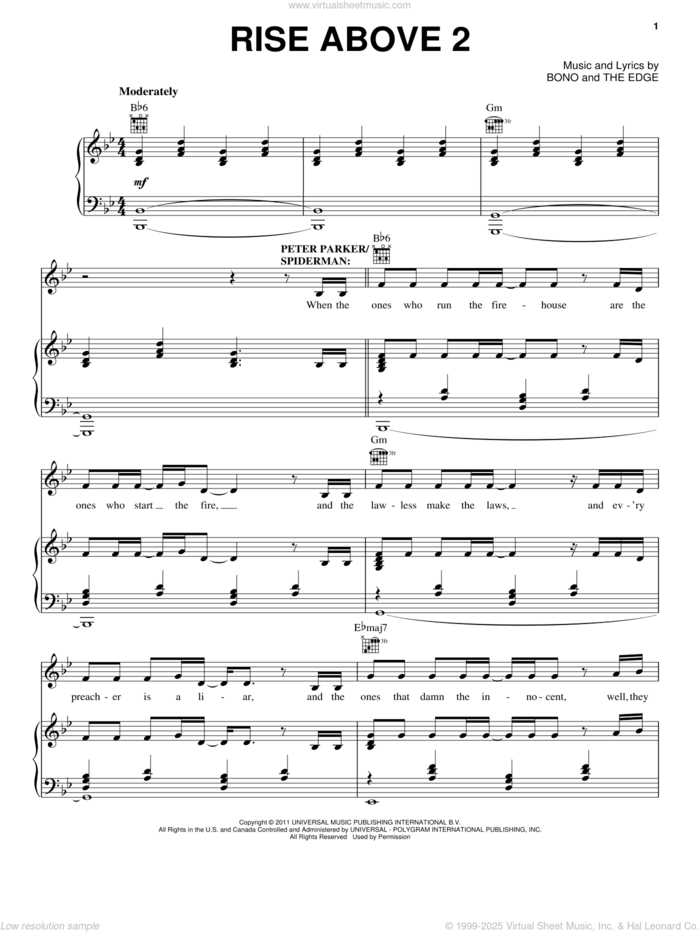 Rise Above 2 sheet music for voice, piano or guitar by Bono & The Edge and Spider Man: Turn Off The Dark (Musical), intermediate skill level