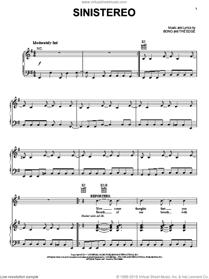 Sinistereo sheet music for voice, piano or guitar by Bono & The Edge and Spider Man: Turn Off The Dark (Musical), intermediate skill level