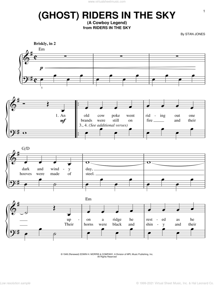 (Ghost) Riders In The Sky (A Cowboy Legend), (easy) sheet music for piano solo by Johnny Cash and Stan Jones, easy skill level