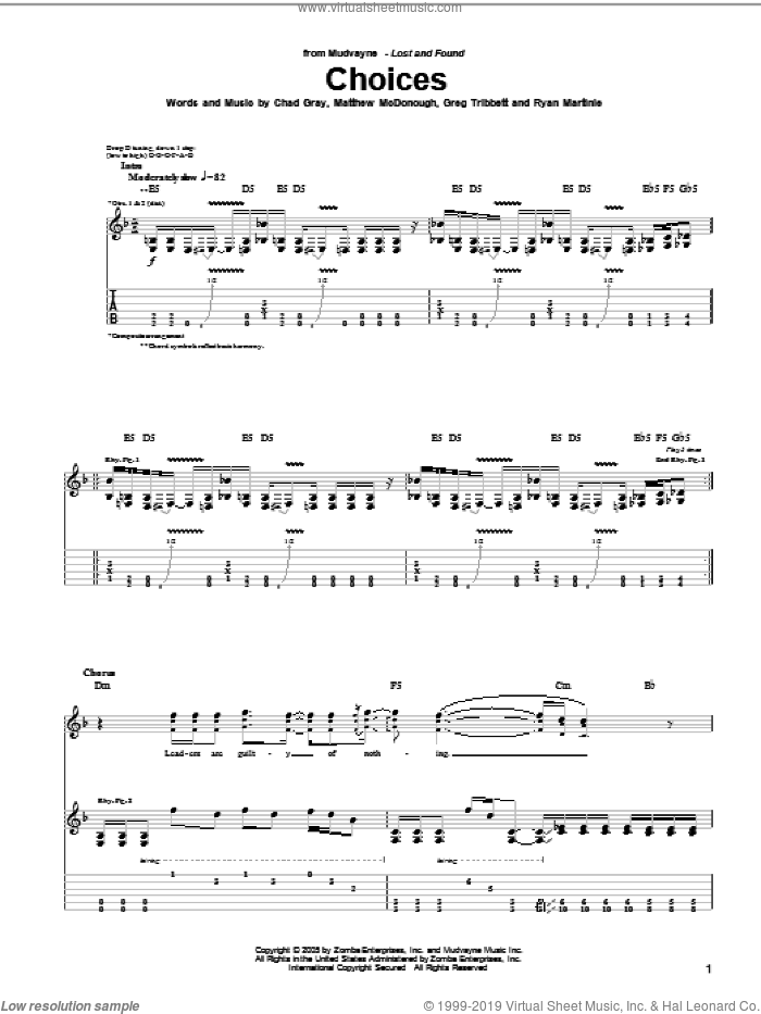 Choices sheet music for guitar (tablature) by Mudvayne, Chad Gray, Greg Tribbett, Matthew McDonough and Ryan Martinie, intermediate skill level