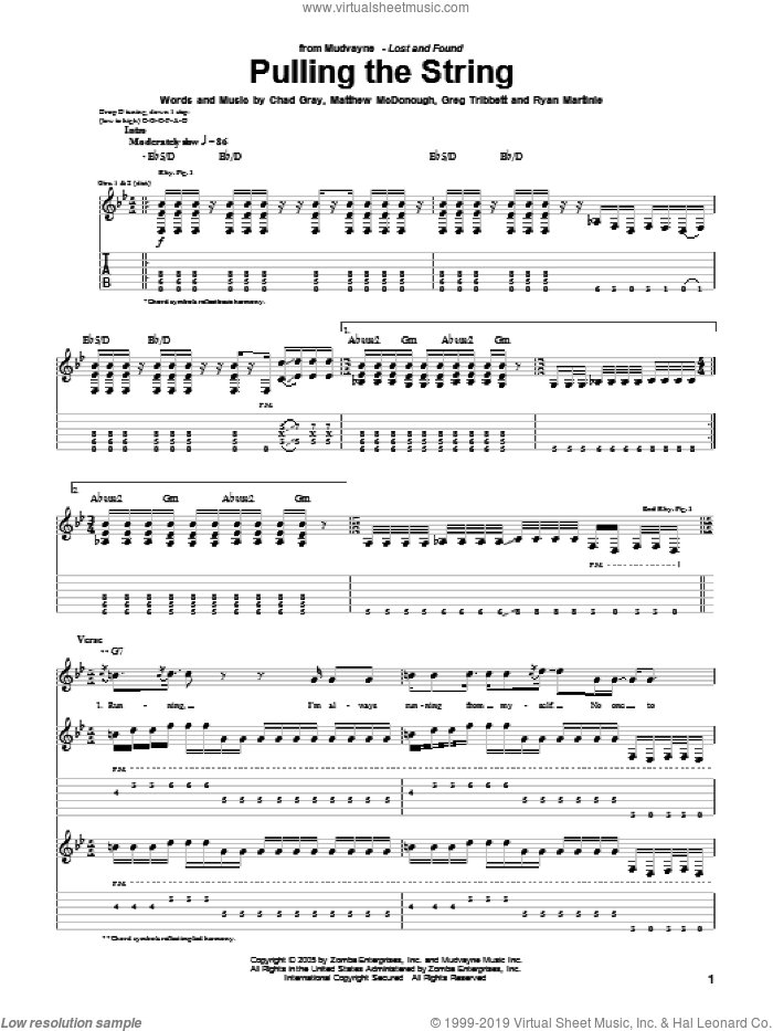 Pulling The String sheet music for guitar (tablature) by Mudvayne, Chad Gray, Greg Tribbett, Matthew McDonough and Ryan Martinie, intermediate skill level