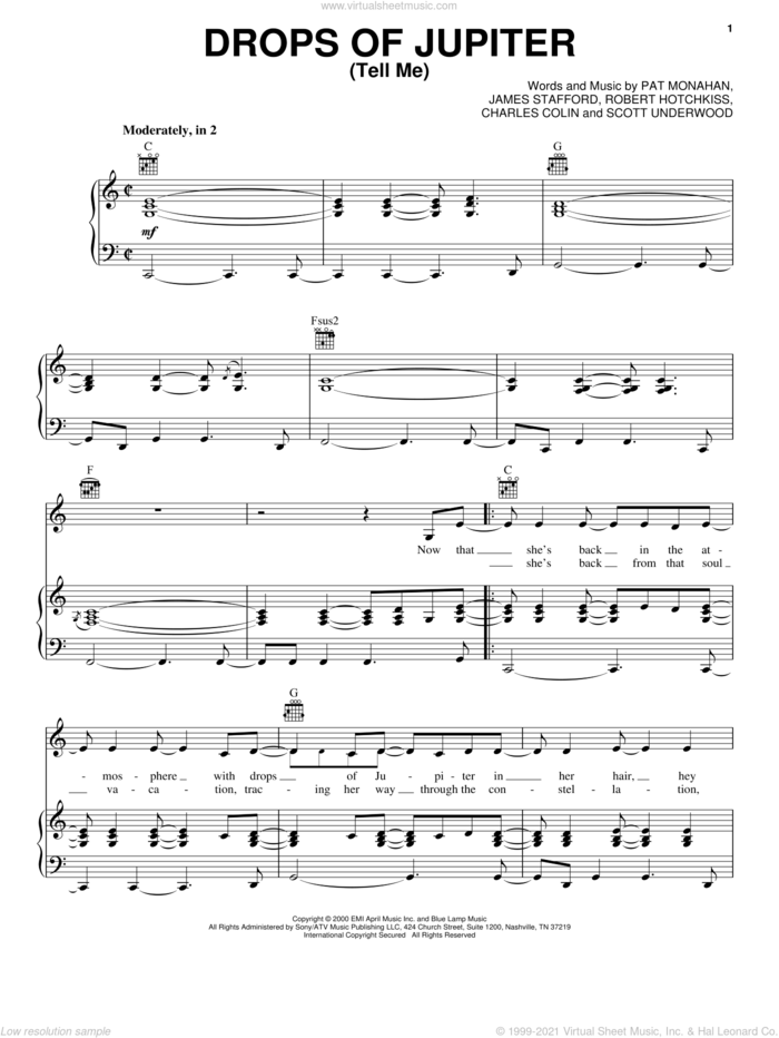 Drops Of Jupiter (Tell Me) sheet music for voice, piano or guitar by Train, Jimmy Stafford, Pat Monahan and Rob Hotchkiss, intermediate skill level