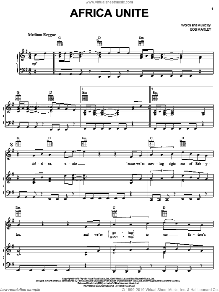 Africa Unite sheet music for voice, piano or guitar by Bob Marley and Bob Marley and The Wailers, intermediate skill level