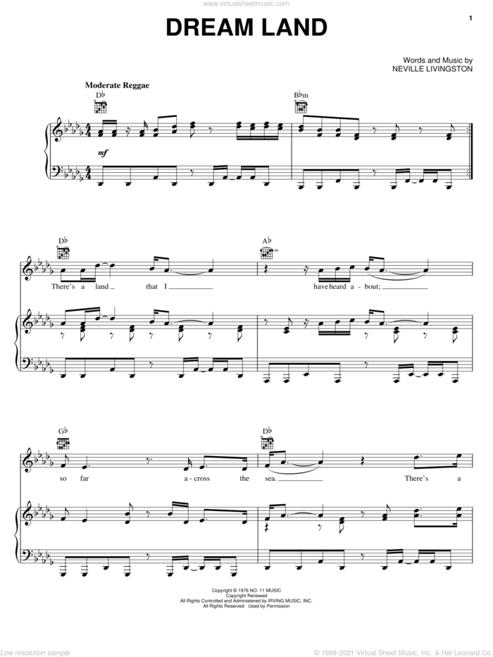 Dream Land sheet music for voice, piano or guitar by Bob Marley, Bob Marley and The Wailers and Neville Livingston, intermediate skill level