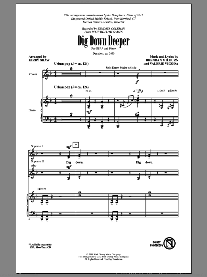 Dig Down Deeper sheet music for choir (SSA: soprano, alto) by Kirby Shaw, Brendan Milburn, Valerie Vigoda and Zendaya Coleman, intermediate skill level