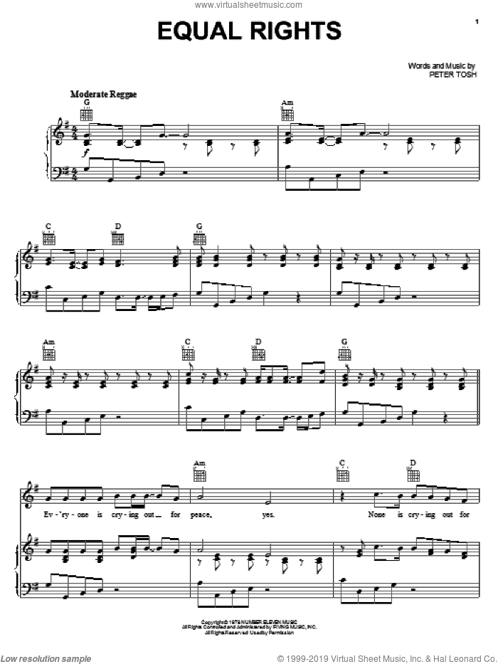 Equal Rights sheet music for voice, piano or guitar by Peter Tosh, intermediate skill level