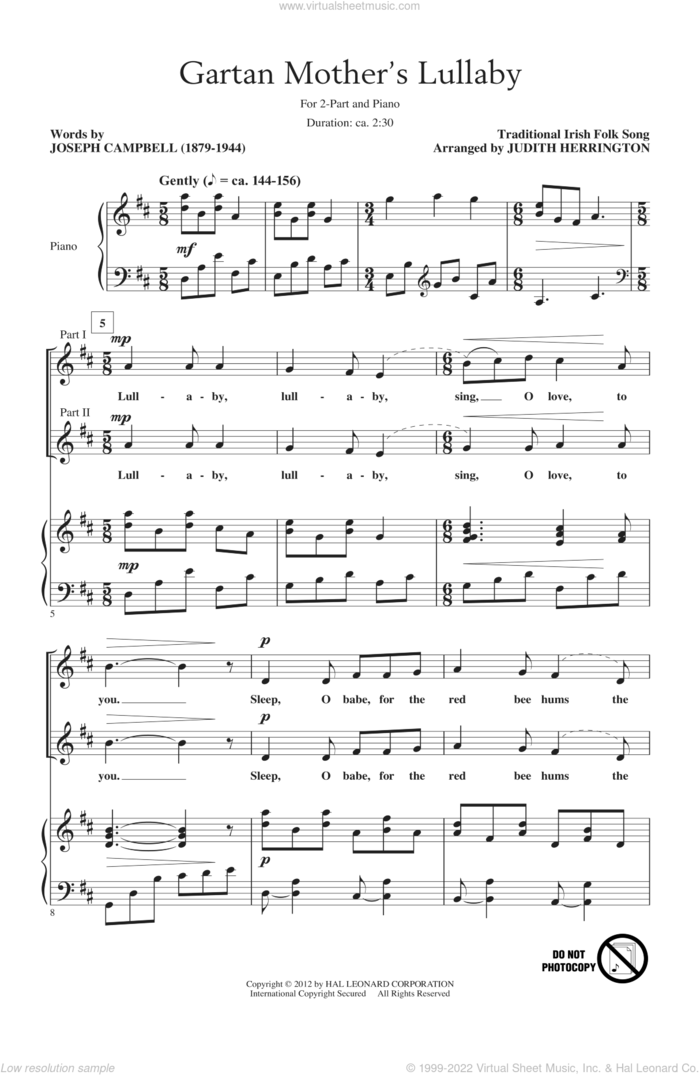 Gartan Mother's Lullaby (arr. Judith Herrington) sheet music for choir (2-Part) by Traditional Irish Folksong and Judith Herrington, intermediate duet