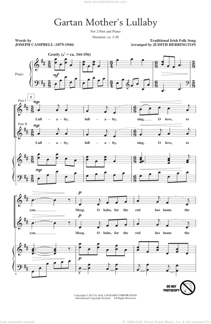 Gartan Mother's Lullaby (arr. Judith Herrington) sheet music for choir (2-Part) by Traditional Irish Folksong and Judith Herrington, intermediate duet