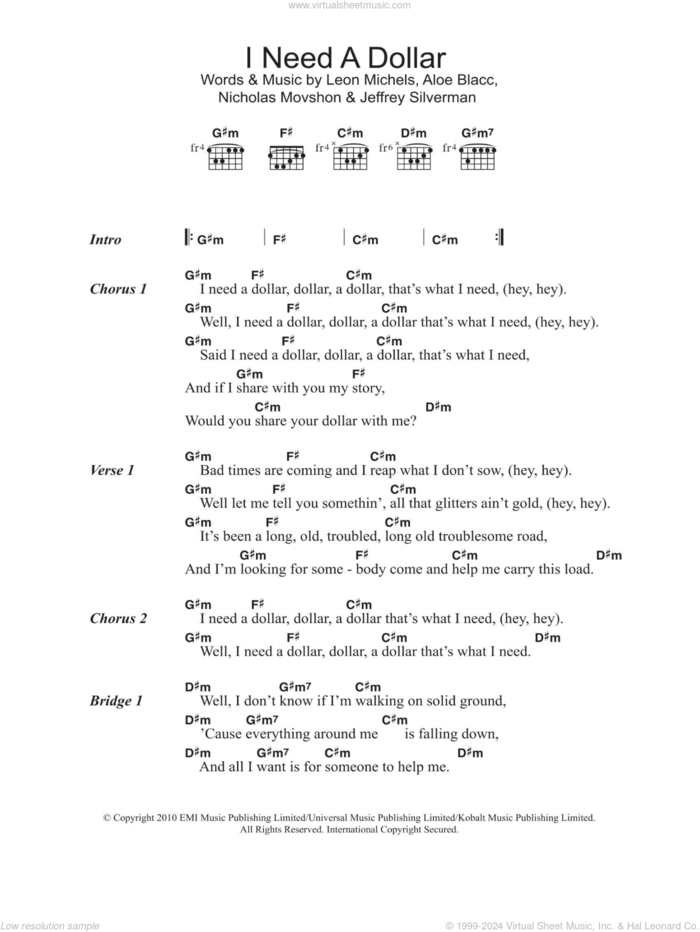 I Need A Dollar sheet music for guitar (chords) by Aloe Blacc, Jeffrey Silverman, Leon Michels and Nick Movshon, intermediate skill level