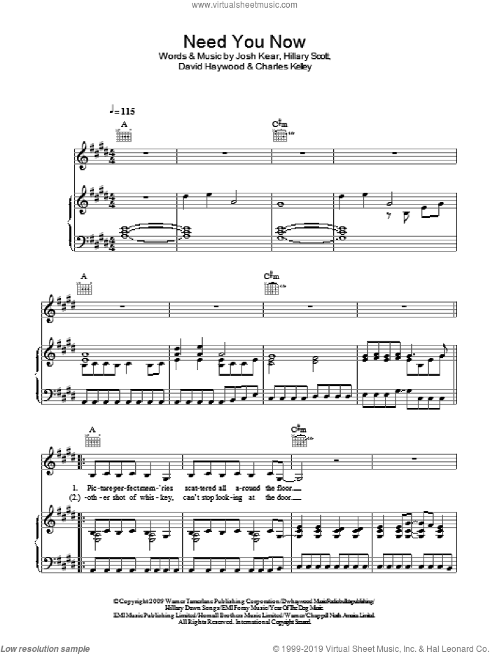 Need You Now sheet music for voice, piano or guitar by Lady Antebellum, Lady A, Charles Kelley, David Haywood, Hillary Scott and Josh Kear, intermediate skill level