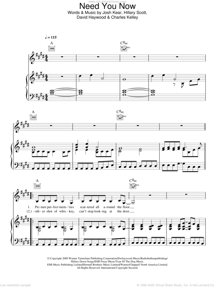 Need You Now sheet music for voice, piano or guitar by Lady Antebellum, Lady A, Charles Kelley, David Haywood, Hillary Scott and Josh Kear, intermediate skill level