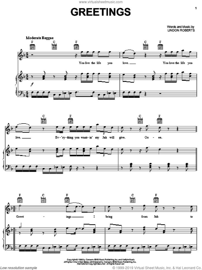 Greetings sheet music for voice, piano or guitar by Halfpint and Lindon Roberts, intermediate skill level