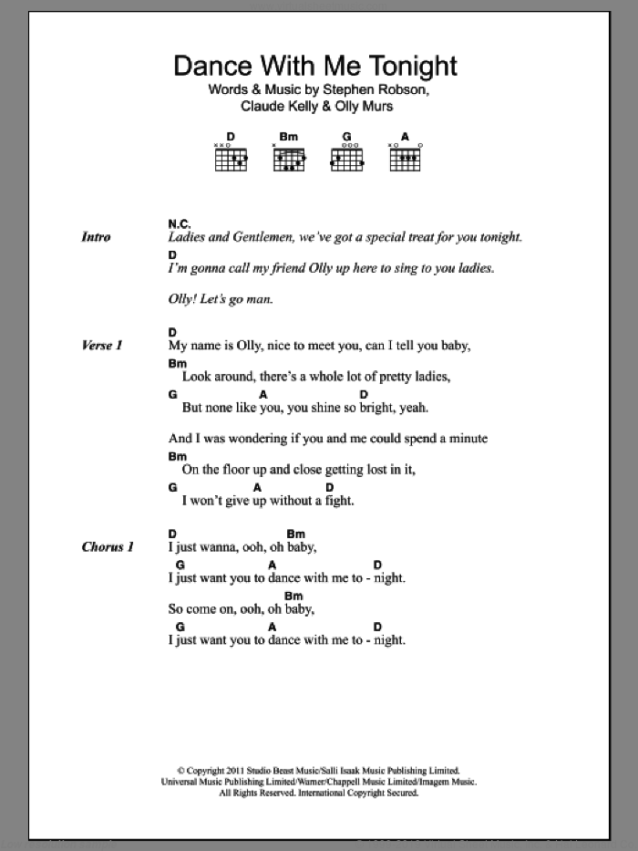 Dance With Me Tonight sheet music for guitar (chords) by Olly Murs, Claude Kelly and Steve Robson, intermediate skill level