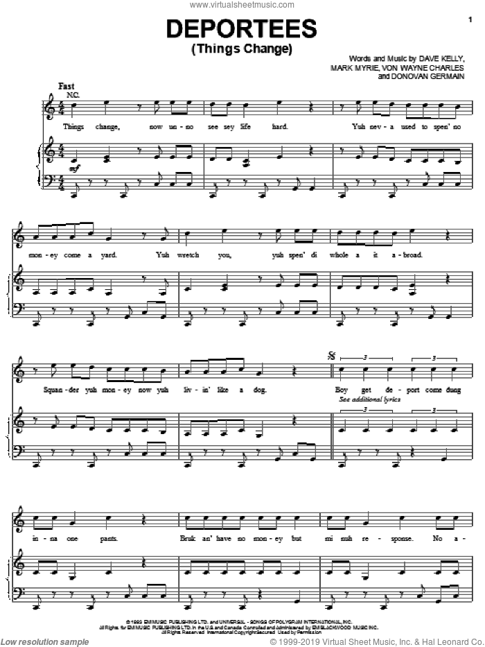 Deportees (Things Change) sheet music for voice, piano or guitar by Buju Banton, Dave Kelly, Donovan Germain, Mark Myrie and Von Wayne Charles, intermediate skill level