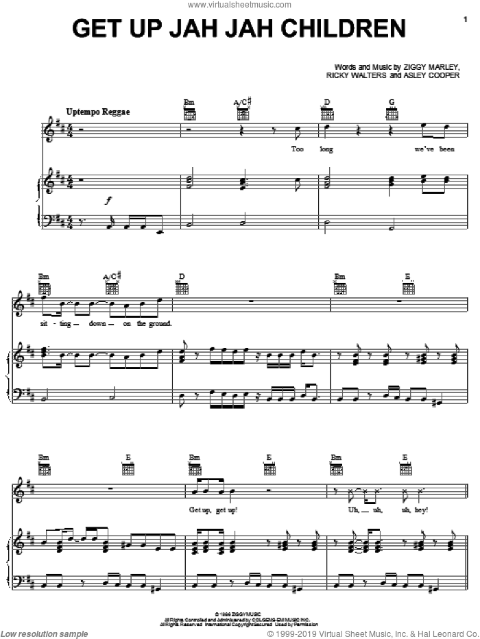 Get Up Jah Jah Children sheet music for voice, piano or guitar by Ziggy Marley and The Melody Makers, Asley Cooper, Ricky Walters and Ziggy Marley, intermediate skill level