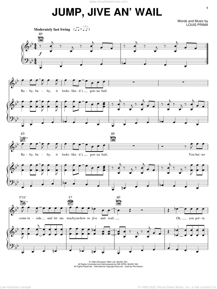 Jump, Jive An' Wail sheet music for voice, piano or guitar by Louis Prima and Brian Setzer, intermediate skill level
