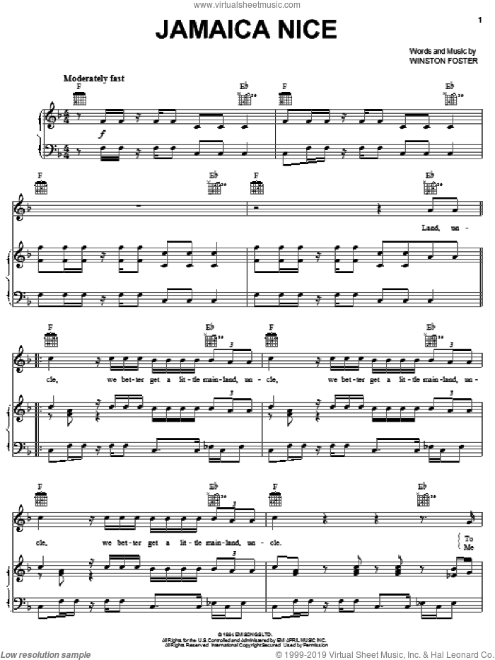 Jamaica Nice sheet music for voice, piano or guitar by Yellowman and Winston Foster, intermediate skill level