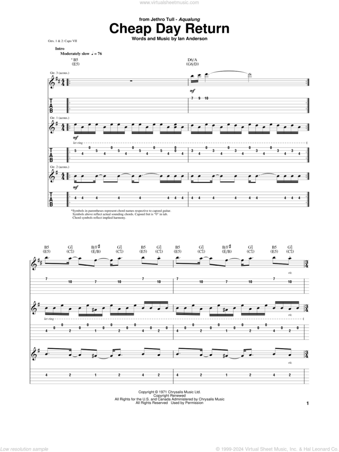 Cheap Day Return sheet music for guitar (tablature) by Jethro Tull and Ian Anderson, intermediate skill level