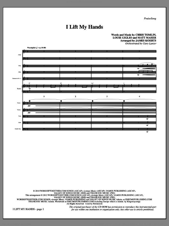 I Lift My Hands (complete set of parts) sheet music for orchestra/band (Orchestra) by Chris Tomlin, Louis Giglio, Matt Maher and James Koerts, intermediate skill level
