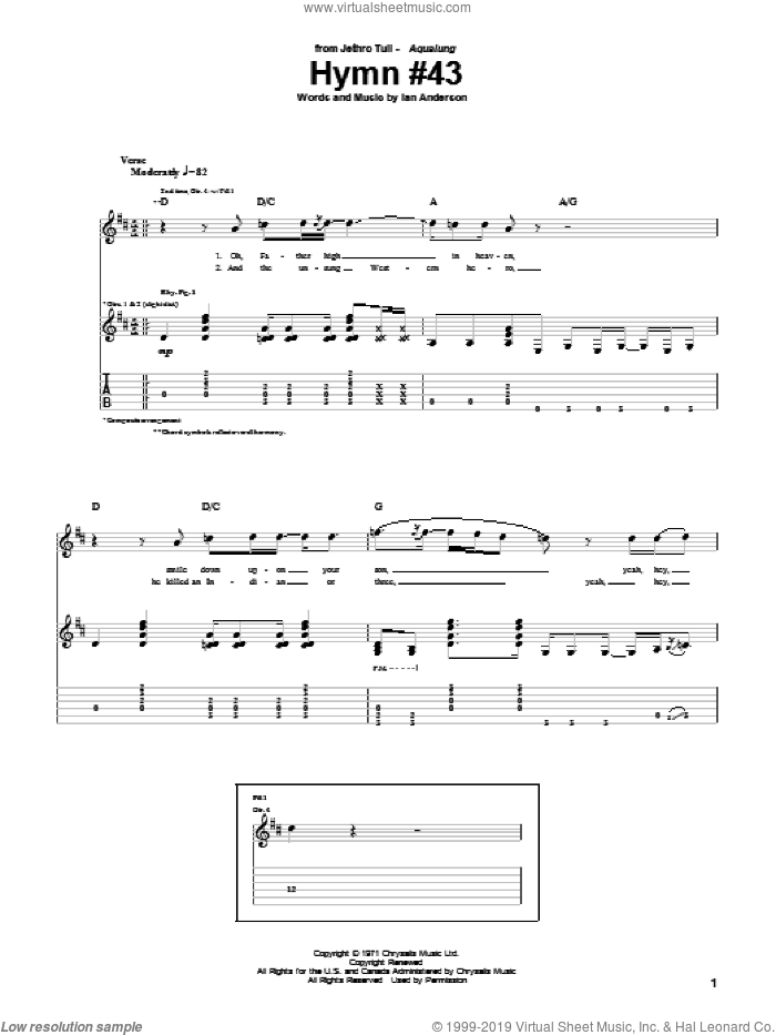 Hymn #43 sheet music for guitar (tablature) by Jethro Tull and Ian Anderson, intermediate skill level