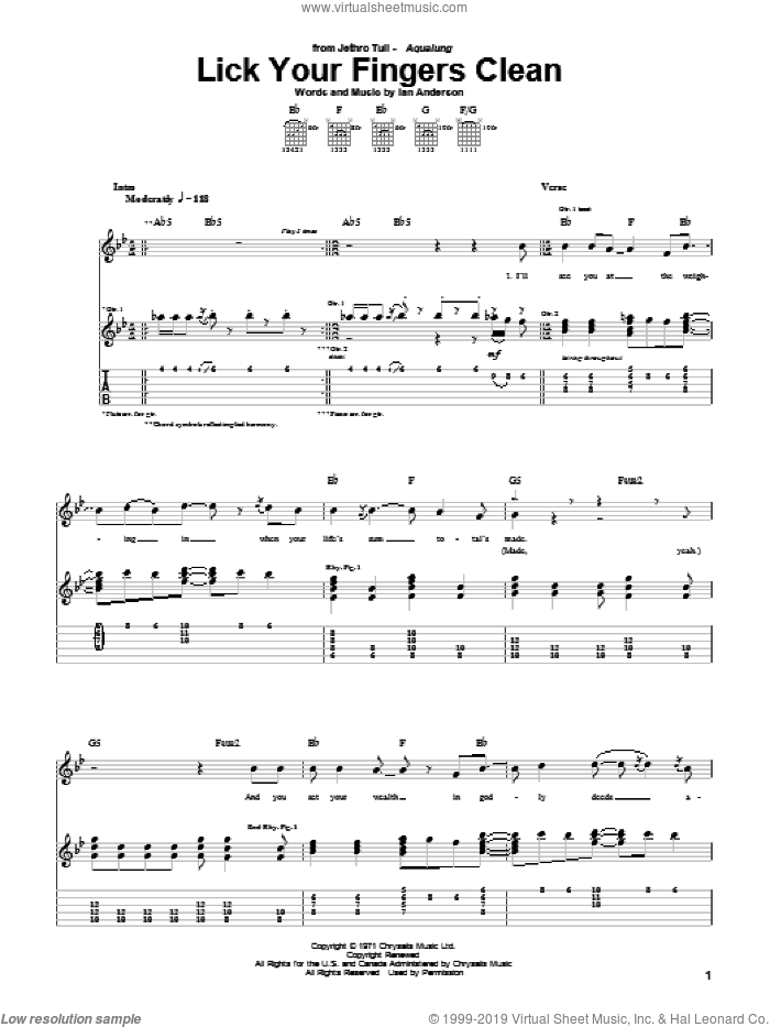 Lick Your Fingers Clean sheet music for guitar (tablature) by Jethro Tull and Ian Anderson, intermediate skill level