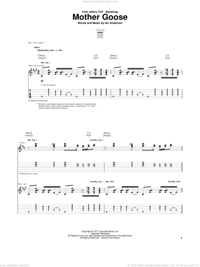 Mother Goose sheet music for guitar (tablature) by Jethro Tull and Ian Anderson, intermediate skill level