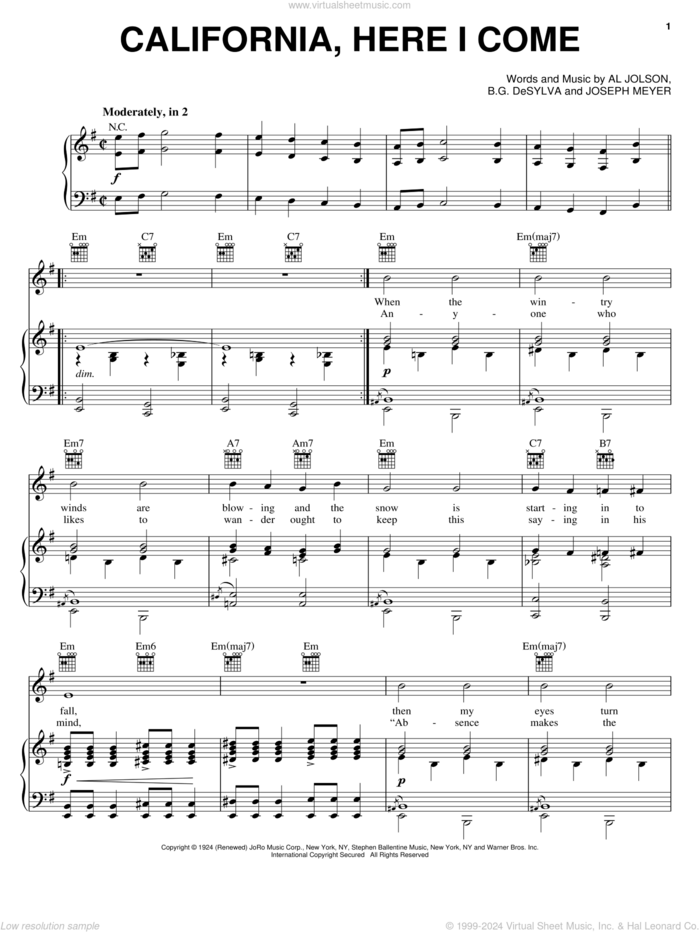 California, Here I Come sheet music for voice, piano or guitar by Al Jolson, Benny Goodman, Buddy DeSylva and Joseph Meyer, intermediate skill level