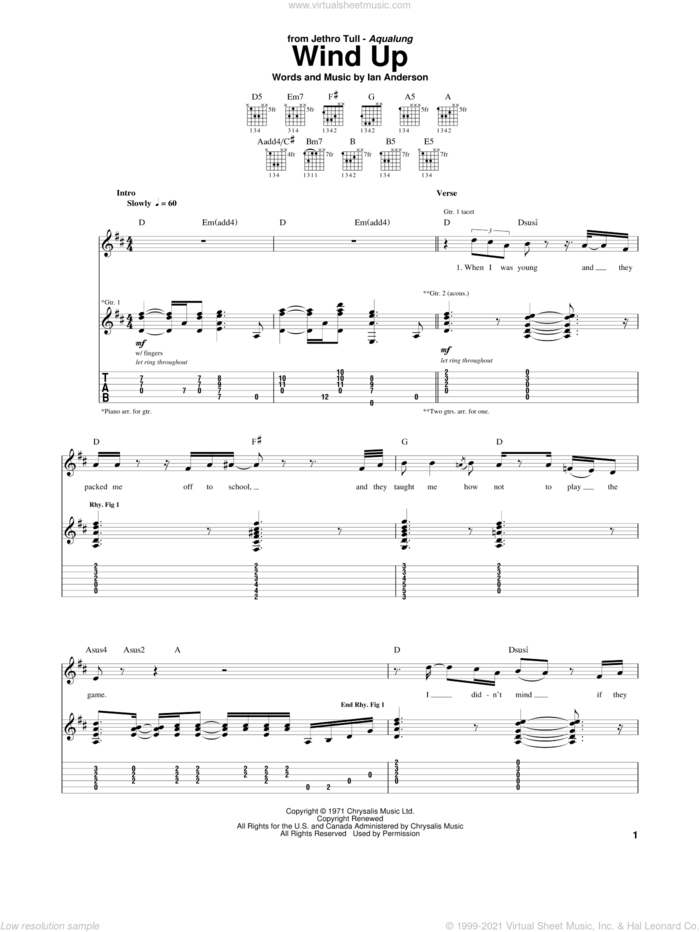 Wind Up sheet music for guitar (tablature) by Jethro Tull and Ian Anderson, intermediate skill level