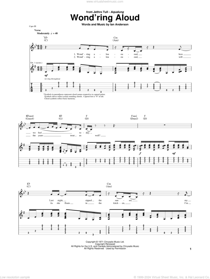 Wond'ring Aloud sheet music for guitar (tablature) by Jethro Tull and Ian Anderson, intermediate skill level