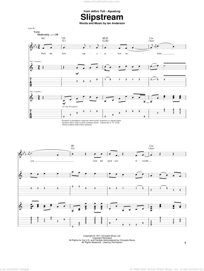 Slipstream sheet music for guitar (tablature) by Jethro Tull and Ian Anderson, intermediate skill level