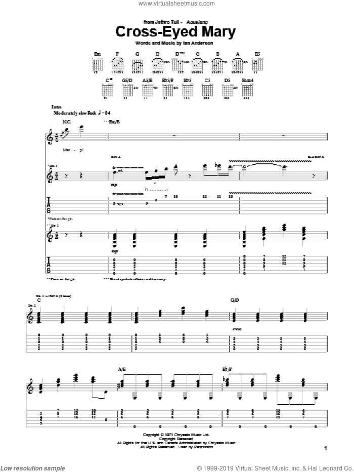 Cross-Eyed Mary sheet music for guitar (tablature) by Jethro Tull and Ian Anderson, intermediate skill level