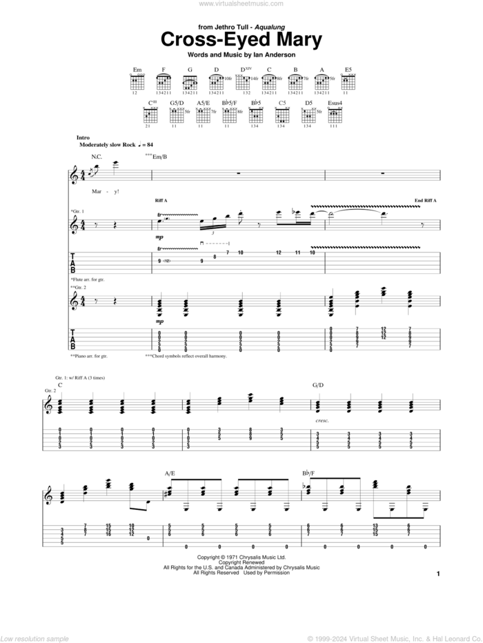 Cross-Eyed Mary sheet music for guitar (tablature) by Jethro Tull and Ian Anderson, intermediate skill level