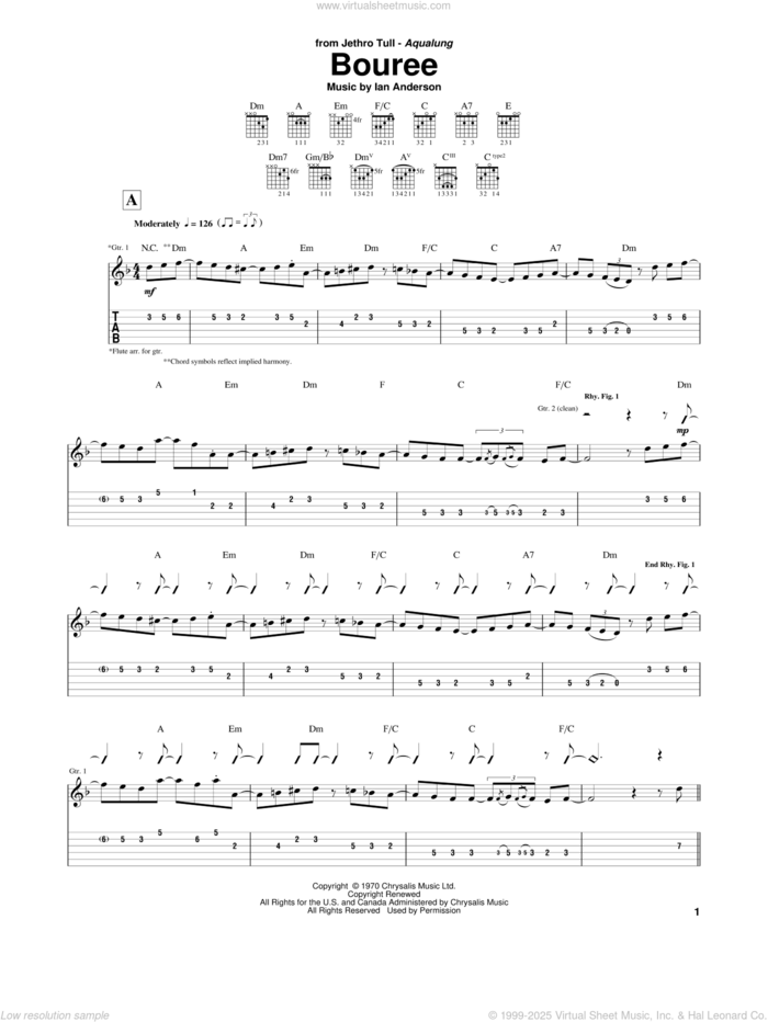 Bouree sheet music for guitar (tablature) by Jethro Tull and Ian Anderson, intermediate skill level