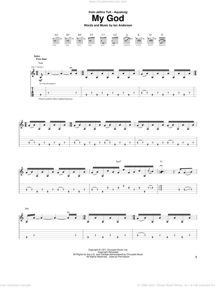 My God sheet music for guitar (tablature) by Jethro Tull and Ian Anderson, intermediate skill level