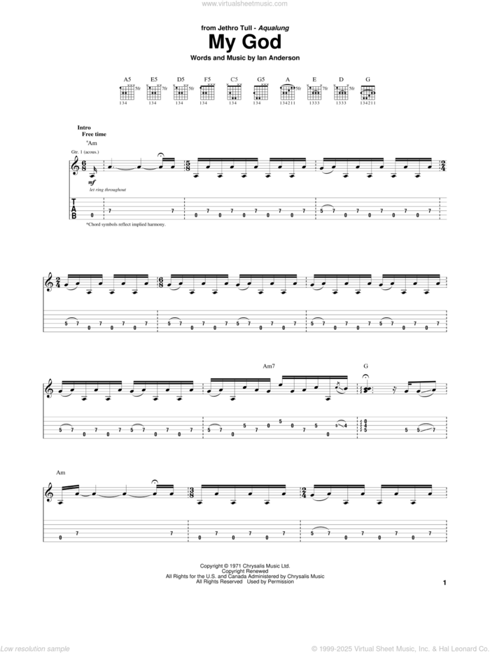 My God sheet music for guitar (tablature) by Jethro Tull and Ian Anderson, intermediate skill level