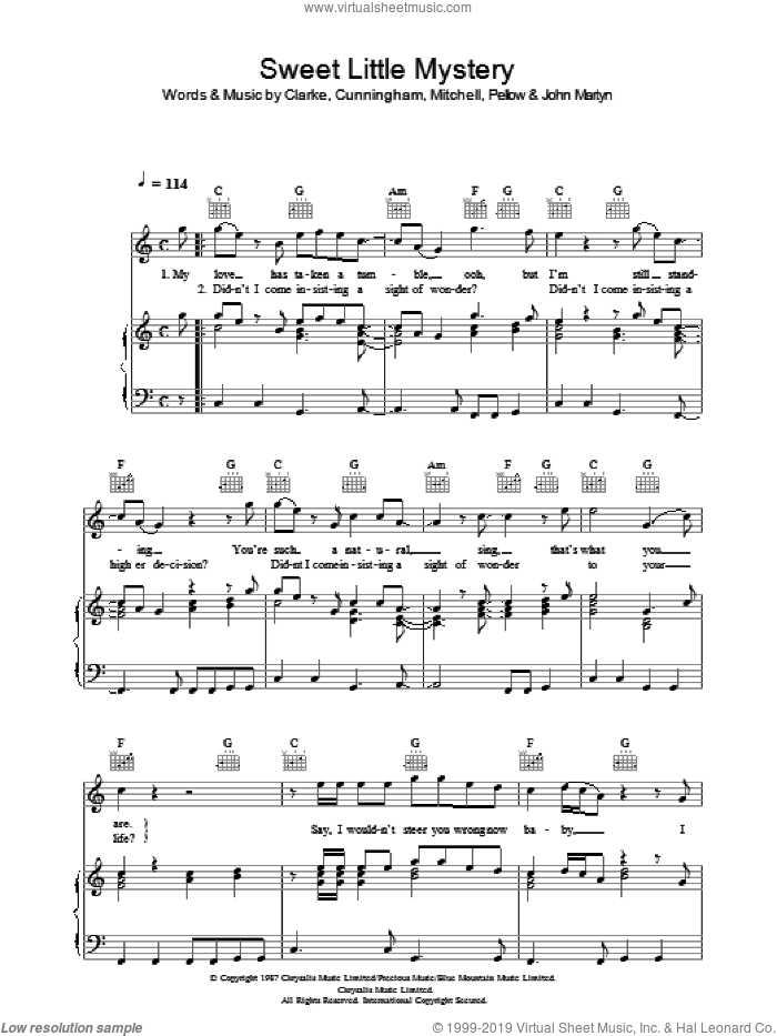 Sweet Little Mystery sheet music for voice, piano or guitar by Wet Wet Wet, CLARK, CLARKE, Cunningham, John Martyn, Pellow and Willie Mitchell, intermediate skill level