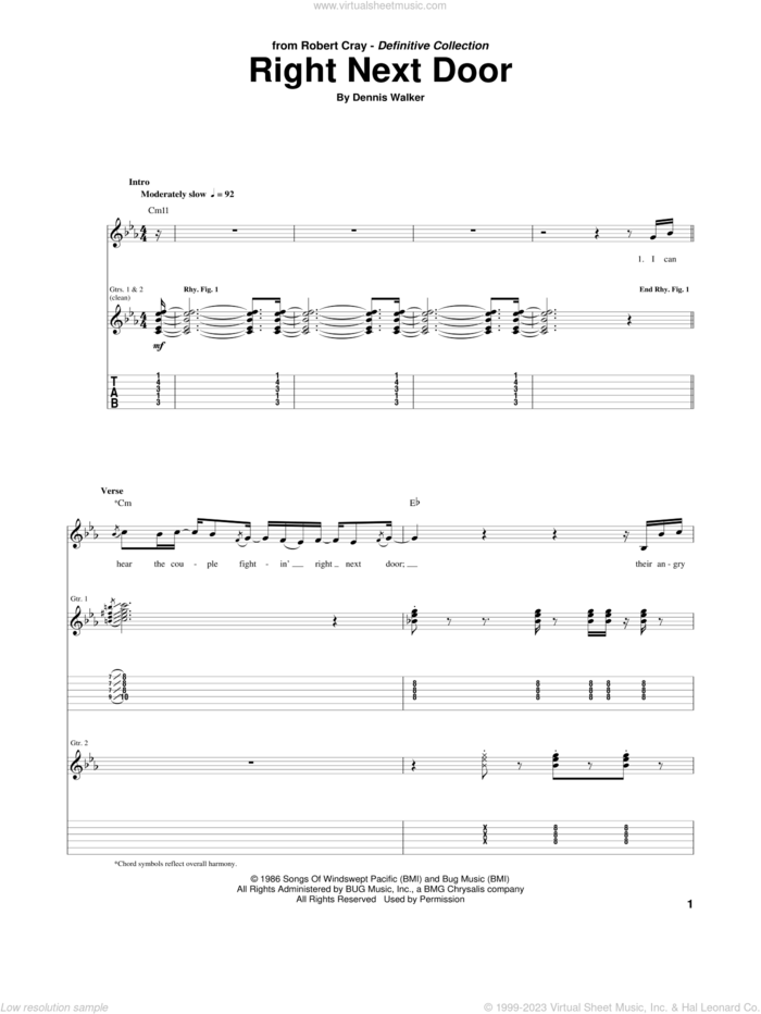 Right Next Door sheet music for guitar (tablature) by Robert Cray and Dennis Walker, intermediate skill level