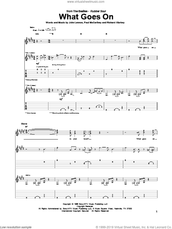 What Goes On sheet music for guitar (tablature) by The Beatles, John Lennon and Paul McCartney, intermediate skill level