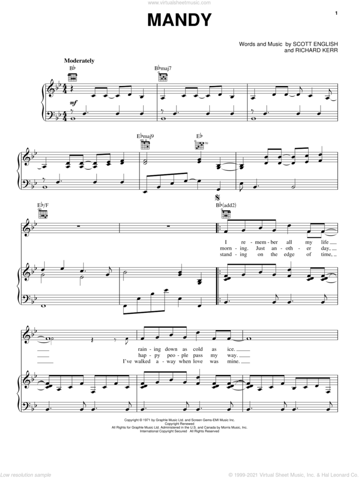Mandy sheet music for voice, piano or guitar by Barry Manilow, Richard Kerr and Scott English, intermediate skill level