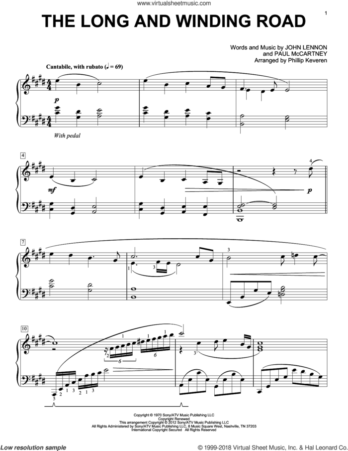 The Long And Winding Road [Classical version] (arr. Phillip Keveren) sheet music for piano solo by The Beatles, John Lennon, Paul McCartney and Phillip Keveren, intermediate skill level