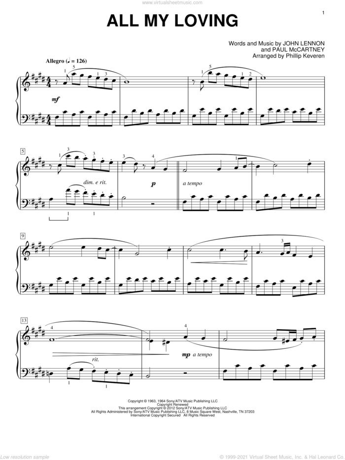 All My Loving [Classical version] (arr. Phillip Keveren) sheet music for piano solo by The Beatles, John Lennon, Paul McCartney and Phillip Keveren, intermediate skill level