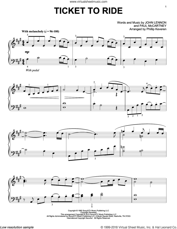 Ticket To Ride [Classical version] (arr. Phillip Keveren) sheet music for piano solo by The Beatles, John Lennon, Paul McCartney and Phillip Keveren, intermediate skill level