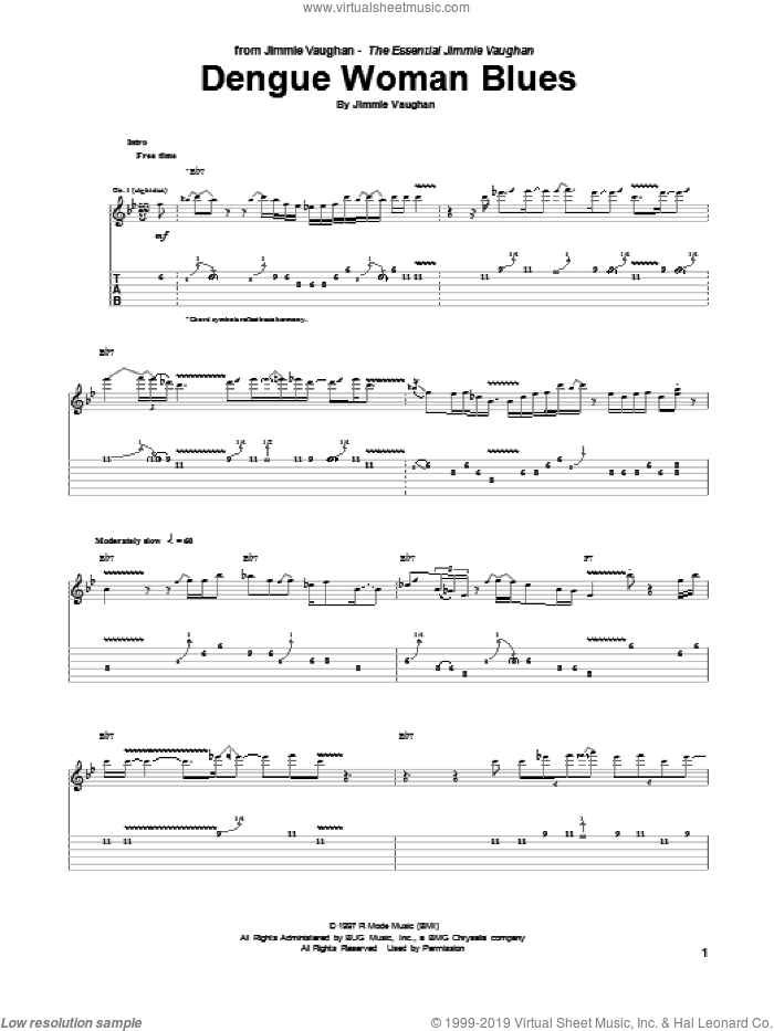 Dengue Woman Blues sheet music for guitar (tablature) by Jimmie Vaughan, intermediate skill level