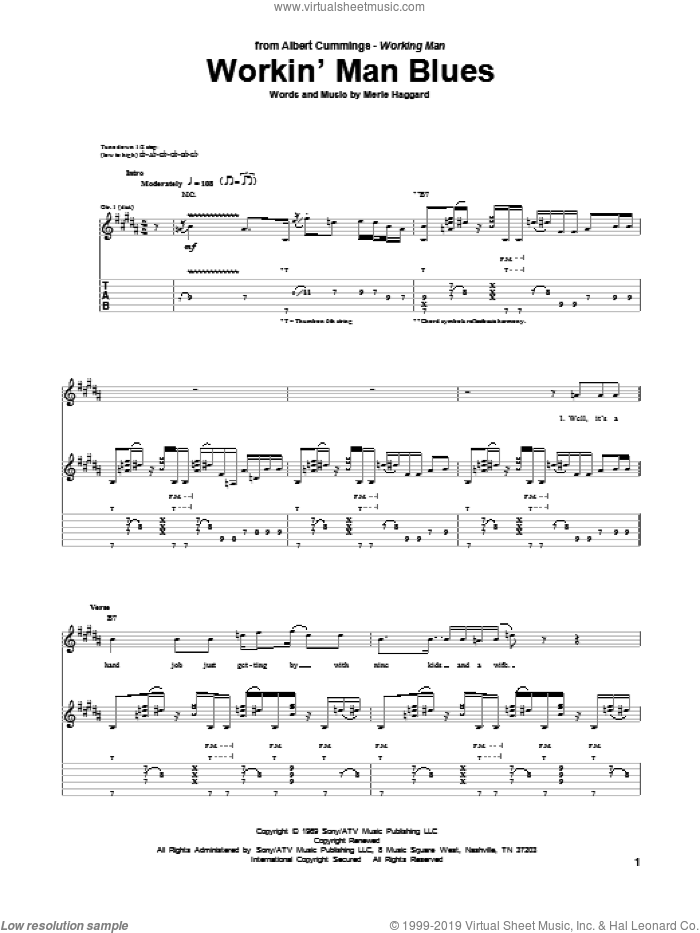 Workin' Man Blues sheet music for guitar (tablature) by Albert Cummings and Merle Haggard, intermediate skill level
