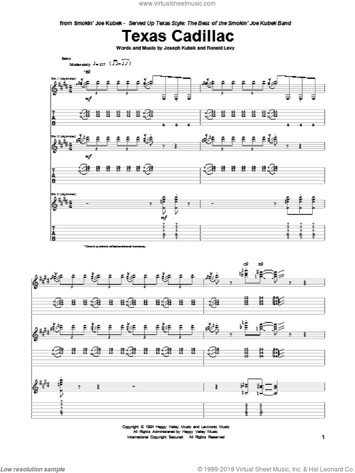 Texas Cadillac sheet music for guitar (tablature) by Smokin' Joe Kubek, intermediate skill level
