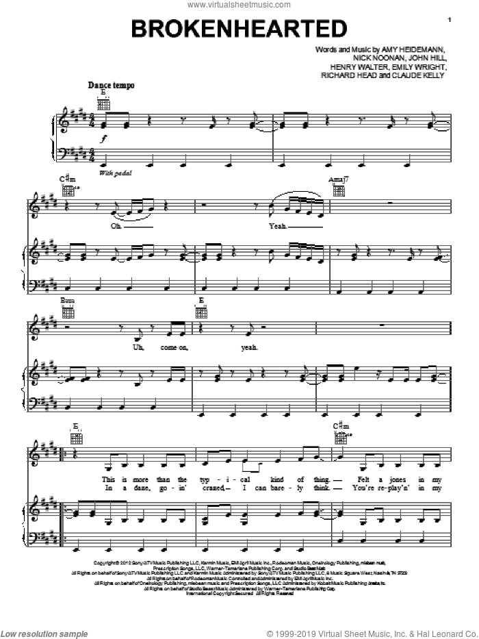 Brokenhearted sheet music for voice, piano or guitar by Karmin, Amy Heidemann and Nick Noonan, intermediate skill level